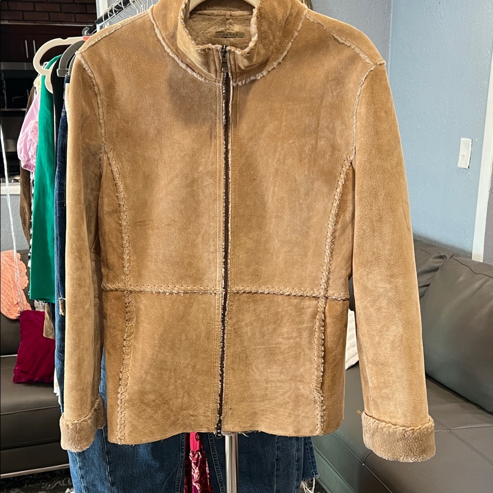 Guess Camel 100% Leather Suede Teddy High Neck Jacket